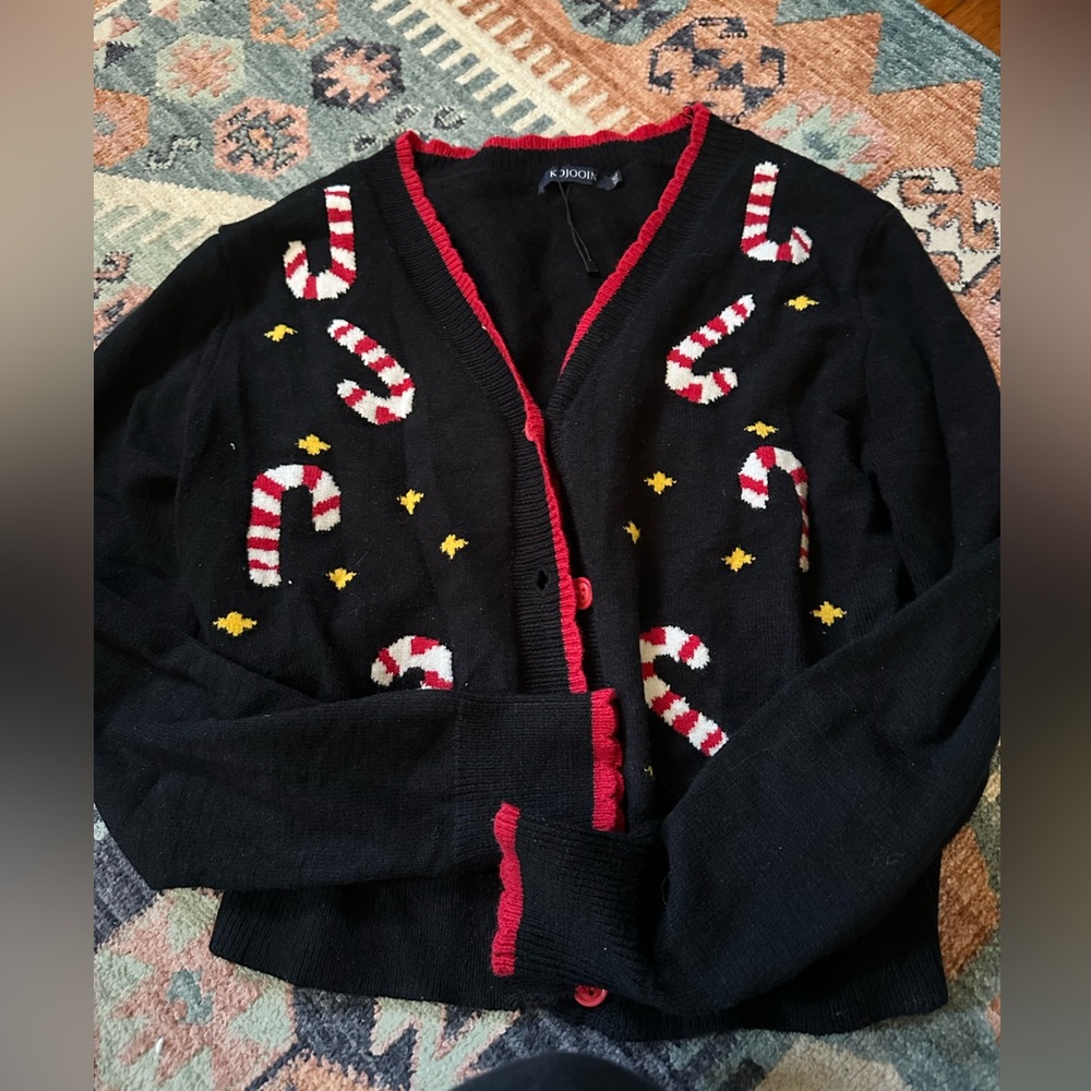 Black Cardigan with Candy Cane Design
